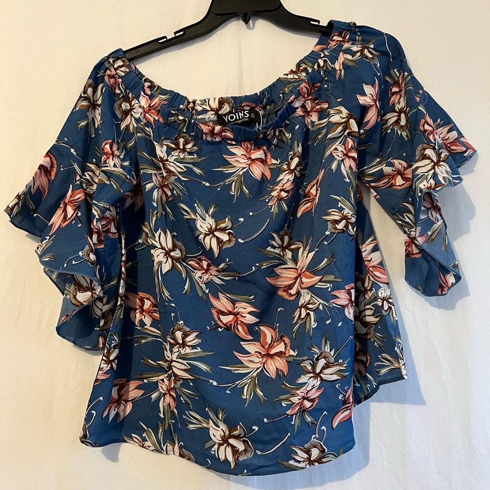 Voins Women’s Off-the-Shoulder Top Blue Floral Size Large NWT Ruffle Sleeve